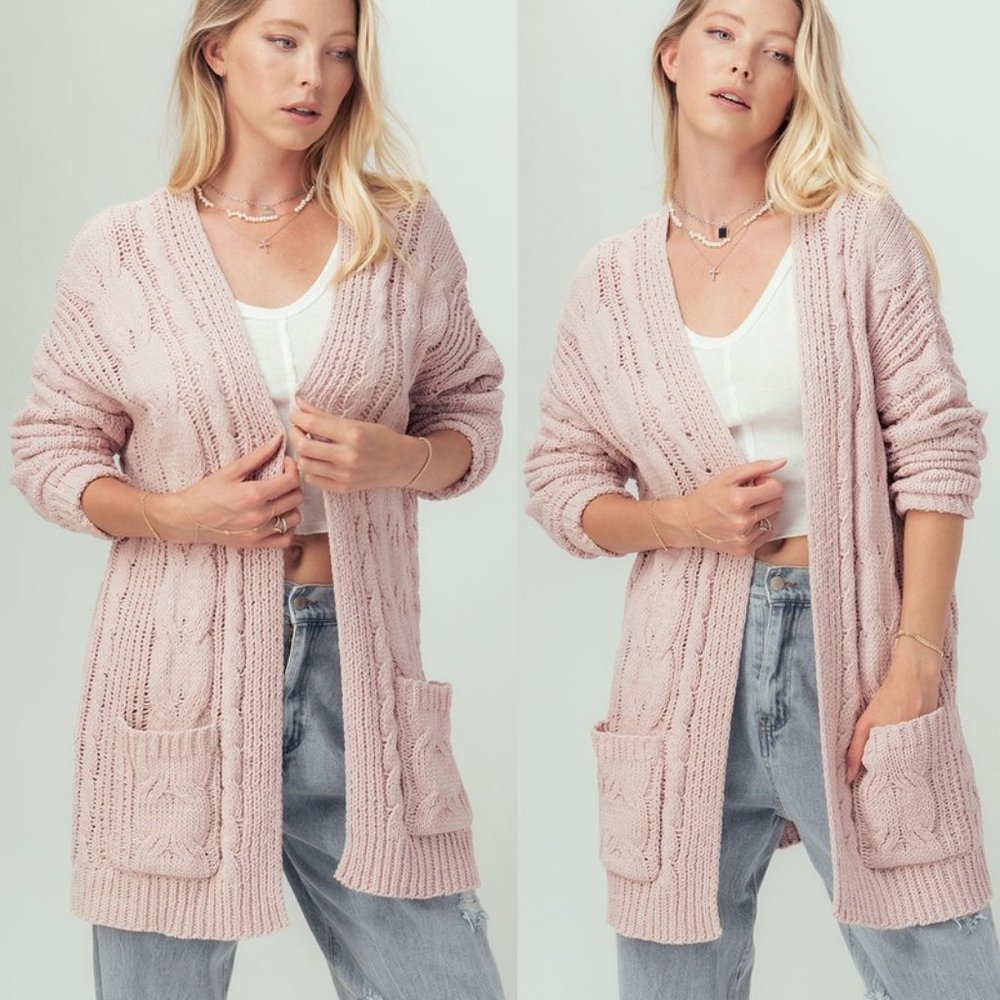 NEW Chunky Cable Rib Knit Open Front Long Cardigan - Picture 3 of 11